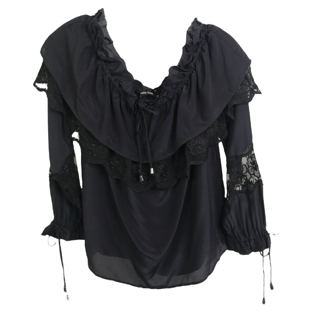 Love Sam Women's Off The Shoulder Blouse Black Silk Floral Lace Long Sleeve Sz S
